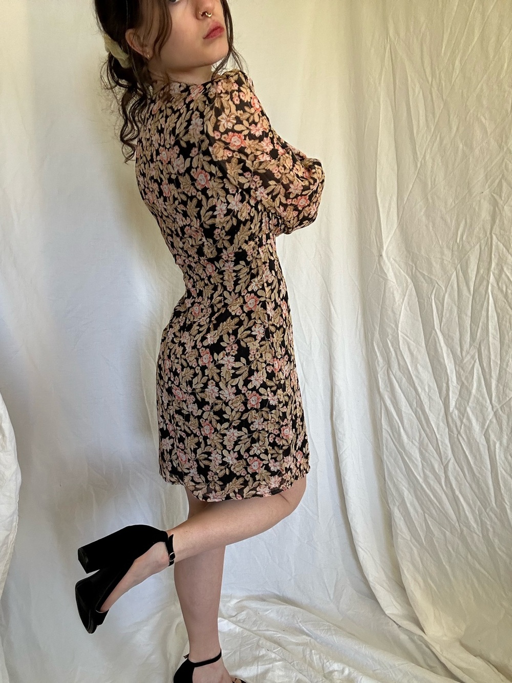 Nasty Gal Black Floral V-Neck Mini Dress with Pink & Tan Blooms